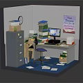 Cluttered Office Desk Workspace With Stacks Of Papers Computer Monitor Filing Cabinet And Wall Clock