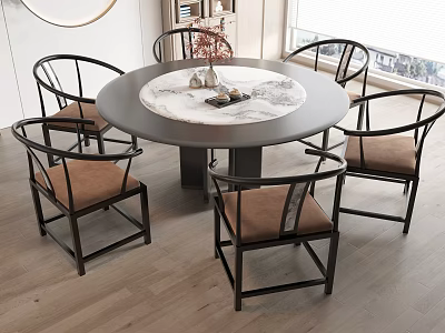 Modern Round Dining Table And Chairs With Marble Top Curved Backrest Brown Cushions Home Interior 3d model