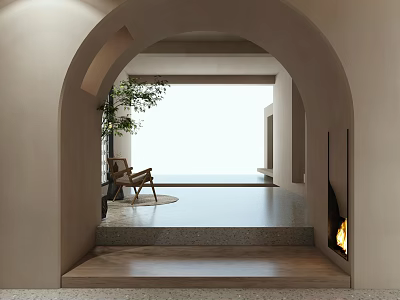 Serene Interior Space With Arched Doorway Fireplace Wooden Chair And Green Plant 3d model