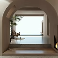 Serene Interior Space With Arched Doorway Fireplace Wooden Chair And Green Plant