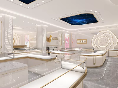 Elegant Luxury Jewelry Store Interior With Glass Display Cases And Starry Ceiling Design 3d model