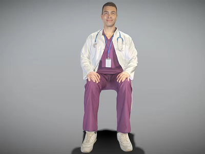 A Male Doctor Sitting In Purple Scrubs With White Coat Stethoscope And ID Badge 3d model