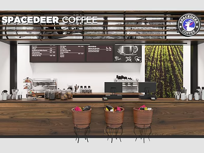 Spacedeer Coffee Shop Interior With Wooden Counter Menu Board Coffee Machines And Stools 3d model