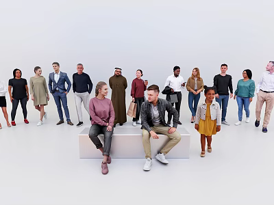 Diverse Group of People Standing and Sitting in White Studio with Various Outfits 3d model