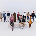 Diverse Group of People Standing and Sitting in White Studio with Various Outfits