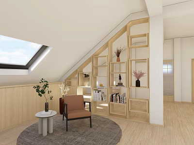 Wooden Decorative Cabinet In Attic Room With Books Vases And Cozy Chair 3d model