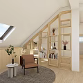 Wooden Decorative Cabinet In Attic Room With Books Vases And Cozy Chair