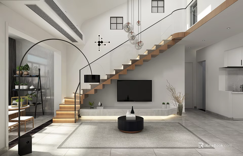 Modern Duplex Living Room Interior With Wooden Staircase Glass Railing TV And Round Coffee Table 3d model 