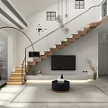 Modern Duplex Living Room Interior With Wooden Staircase Glass Railing TV And Round Coffee Table