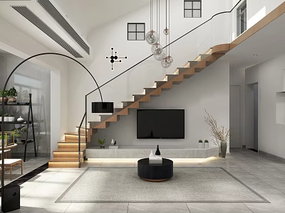 Modern Duplex Living Room Interior With Wooden Staircase Glass Railing TV And Round Coffee Table 3d model