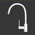 White Kitchen Faucet Design With Curved Spout Control Handle Reflection And Gray Background