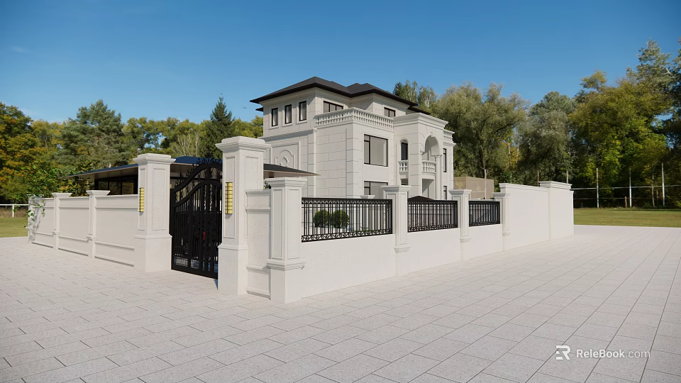 Detached Villa With White Exterior Black Roof Wrought Iron Gate Surrounded By Trees 3d model 