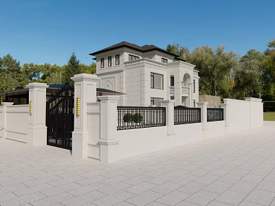 Detached Villa With White Exterior Black Roof Wrought Iron Gate Surrounded By Trees 3d model