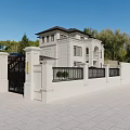 Detached Villa With White Exterior Black Roof Wrought Iron Gate Surrounded By Trees