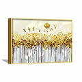 Abstract Painting With Golden Trees Flying Birds And Golden Sun On Light Background