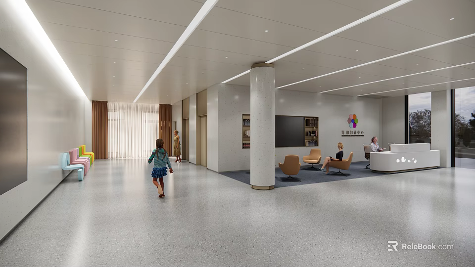 Modern Hospital Outpatient Clinic Lobby With Reception Desk Seating Artworks And Visitor Walking 3d model 