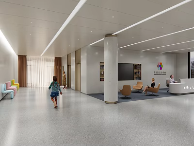 Modern Hospital Outpatient Clinic Lobby With Reception Desk Seating Artworks And Visitor Walking 3d model