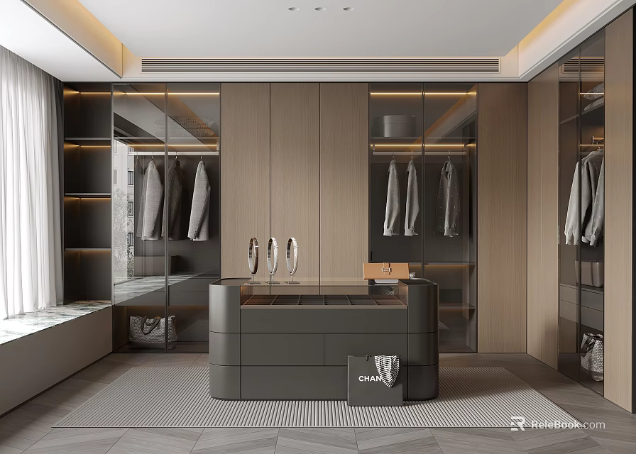 Modern Walk in Closet Interior With Wooden Cabinets Mirrored Doors And Hanging Clothes 3d model 