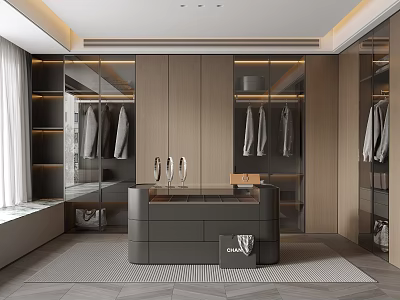 Modern Walk in Closet Interior With Wooden Cabinets Mirrored Doors And Hanging Clothes 3d model