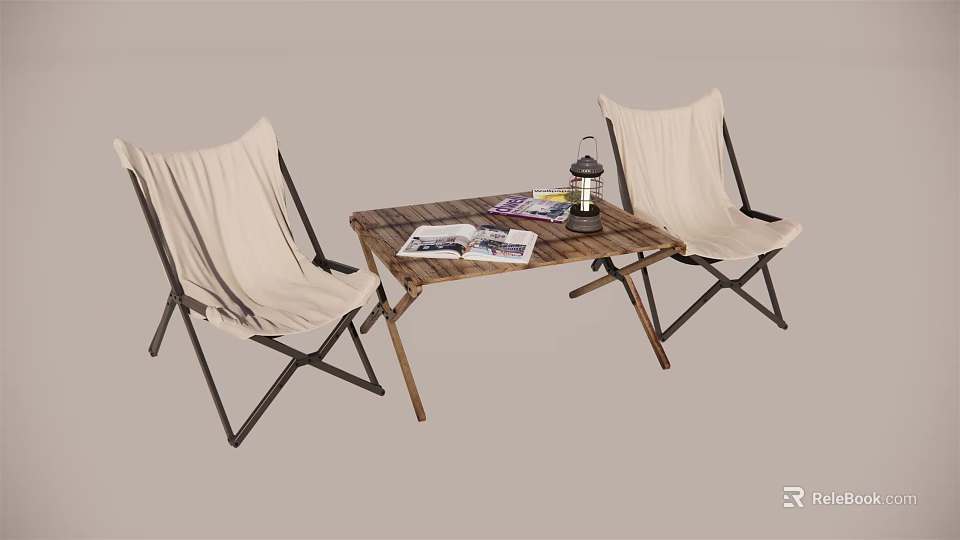 Portable Outdoor Folding Table and Canvas Chairs Set With Wooden Top Magazines And Lantern 3d model 
