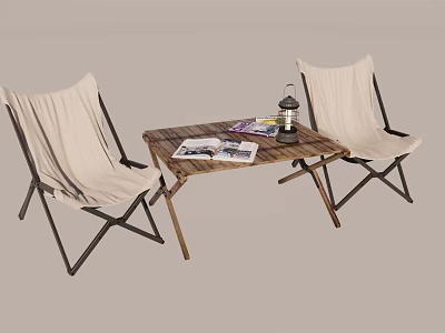 Portable Outdoor Folding Table and Canvas Chairs Set With Wooden Top Magazines And Lantern 3d model