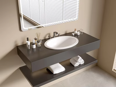 Modern Bathroom Wall Mounted Washbasin Vanity With Dark Countertop Mirror Toiletries And Towels 3d model
