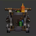 Wooden Utility Cart With Roast Chicken Fruits And Colorful Bottles