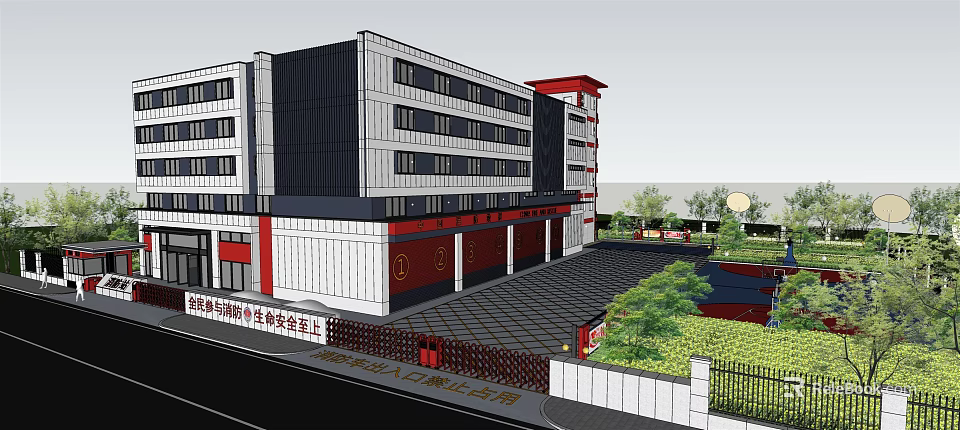 Modern Fire Station Building With Red Accents White Exterior And Green Landscaping 3d model 