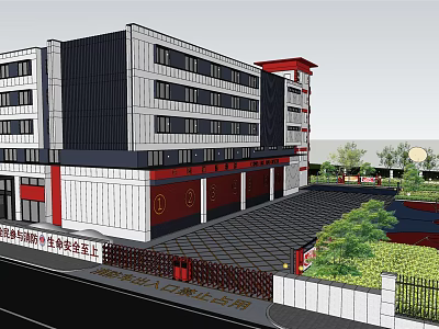 Modern Fire Station Building With Red Accents White Exterior And Green Landscaping 3d model