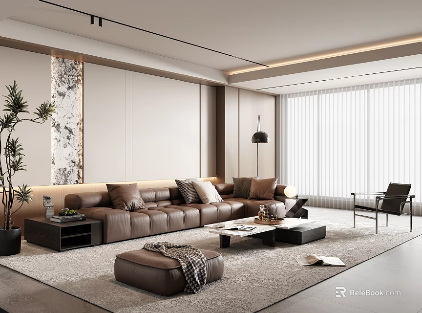 Modern Living Room Interior Design With Brown L shaped Sofa Coffee Table And Blinds 3d model 