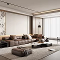 Modern Living Room Interior Design With Brown L shaped Sofa Coffee Table And Blinds