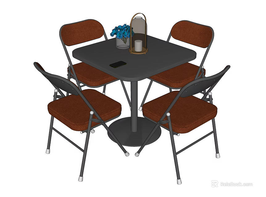 Square Black Table with Four Brown Seats Metal Legs Lantern Blue Flowers and Mobile Phone 3d model 