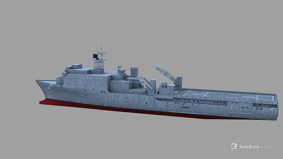 Gray Military Warship With Red Hull Deck Radar Antenna And Crane Structure 3d model 