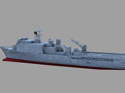 Gray Military Warship With Red Hull Deck Radar Antenna And Crane Structure 3d model