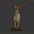 Goat Sculpture Carving With Long Curved Horns And Textured Fur On Stone Base
