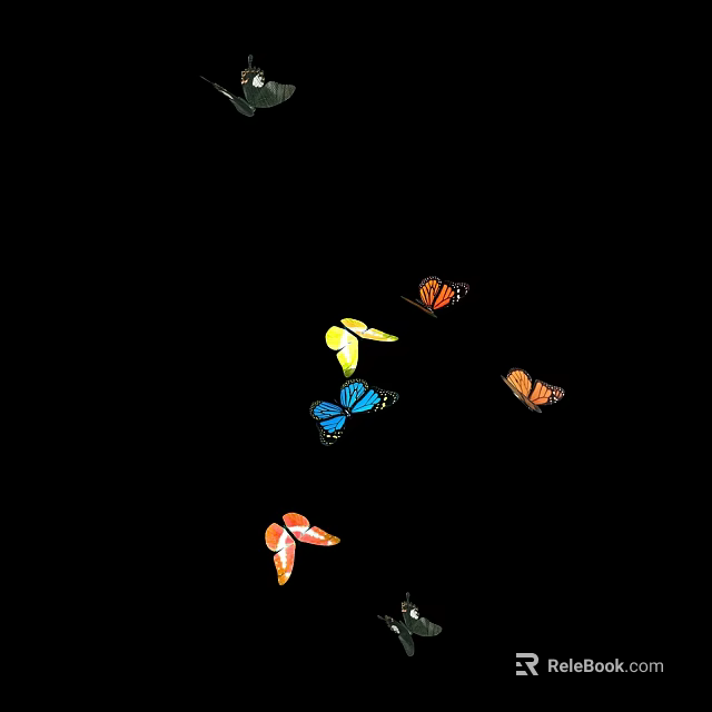 Colorful Butterflies Flying Against Black Background With Various Wing Patterns 3d model 