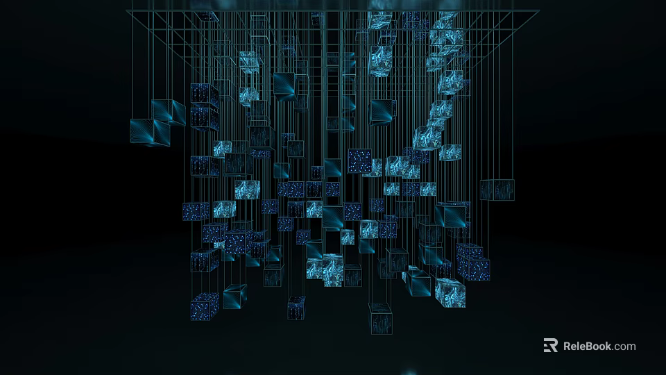 Shiny Cube Pendants In Dense Hanging Formation With Metallic Wires On Dark Background 3d model 