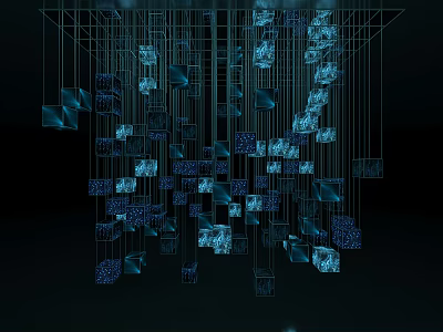 Shiny Cube Pendants In Dense Hanging Formation With Metallic Wires On Dark Background 3d model