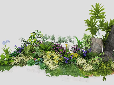 Lush Diverse Plant Combination With Green Foliage Colorful Blooms And Decorative Stones 3d model