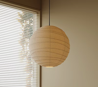 Minimalist Round Paper Pendant Light With Striped Design In Interior Near Window Blinds 3d model