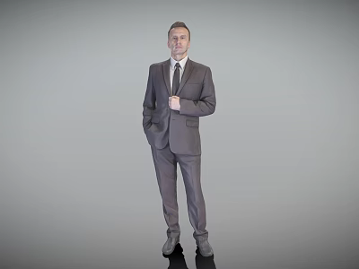 Man Standing in Formal Gray Suit with Tie and One Hand in Pocket 3d model