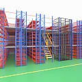 Warehouse Storage Racks with Multiple Layers Blue Red Frames Staircase and Stacked Boxes 3d model