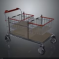 Stainless Steel Shopping Cart With Red Handle Two Baskets Bottom Tray And Wheels