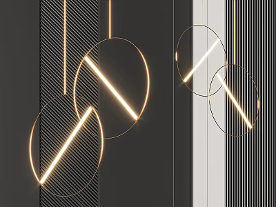 Circular Chandeliers With Golden Frames Illuminated Lines And Black White Striped Decor On Black Background 3d model