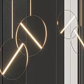 Circular Chandeliers With Golden Frames Illuminated Lines And Black White Striped Decor On Black Background