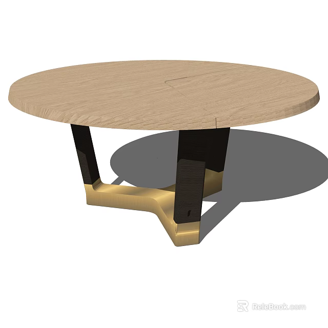 Modern Round Wooden Table Featuring Black Legs And Golden Support Base 3d model 
