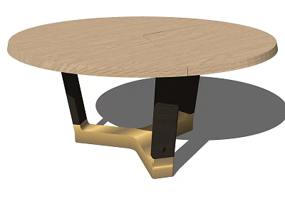 Modern Round Wooden Table Featuring Black Legs And Golden Support Base 3d model