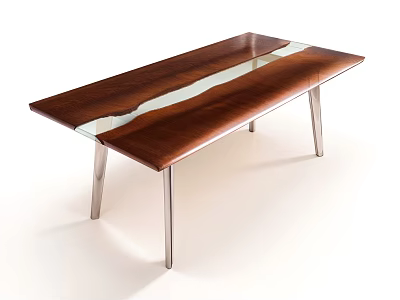 Modern Stylish Tea Table Featuring Wooden Tabletop Transparent Glass Strip And Metal Legs 3d model