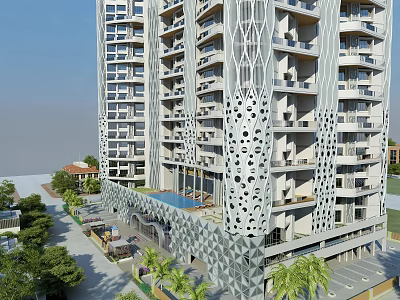 High Rise Residential Building With Perforated Exterior Swimming Pool And Palm Trees 3d model