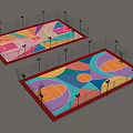 Two Colorful Basketball Courts With Fencing Lighting And Multi Colored Floors
